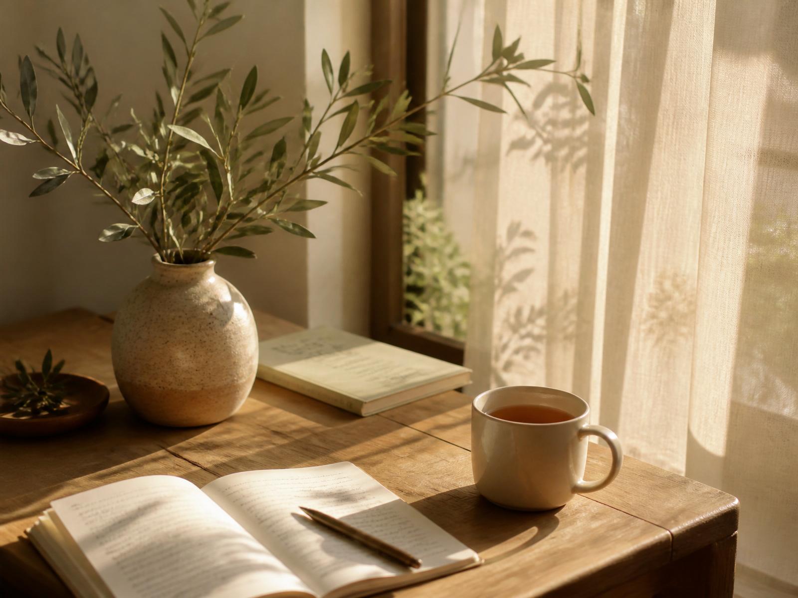 Mesa de madeira com vaso de oliveira, xícara de chá e caderno aberto sob luz natural